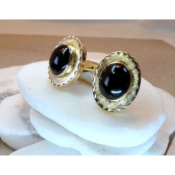Estate VTG 14k Solid Yellow Gold Black Onyx Cufflinks 15.6 gr Wedding Tuxedo - Picture 6 of 7